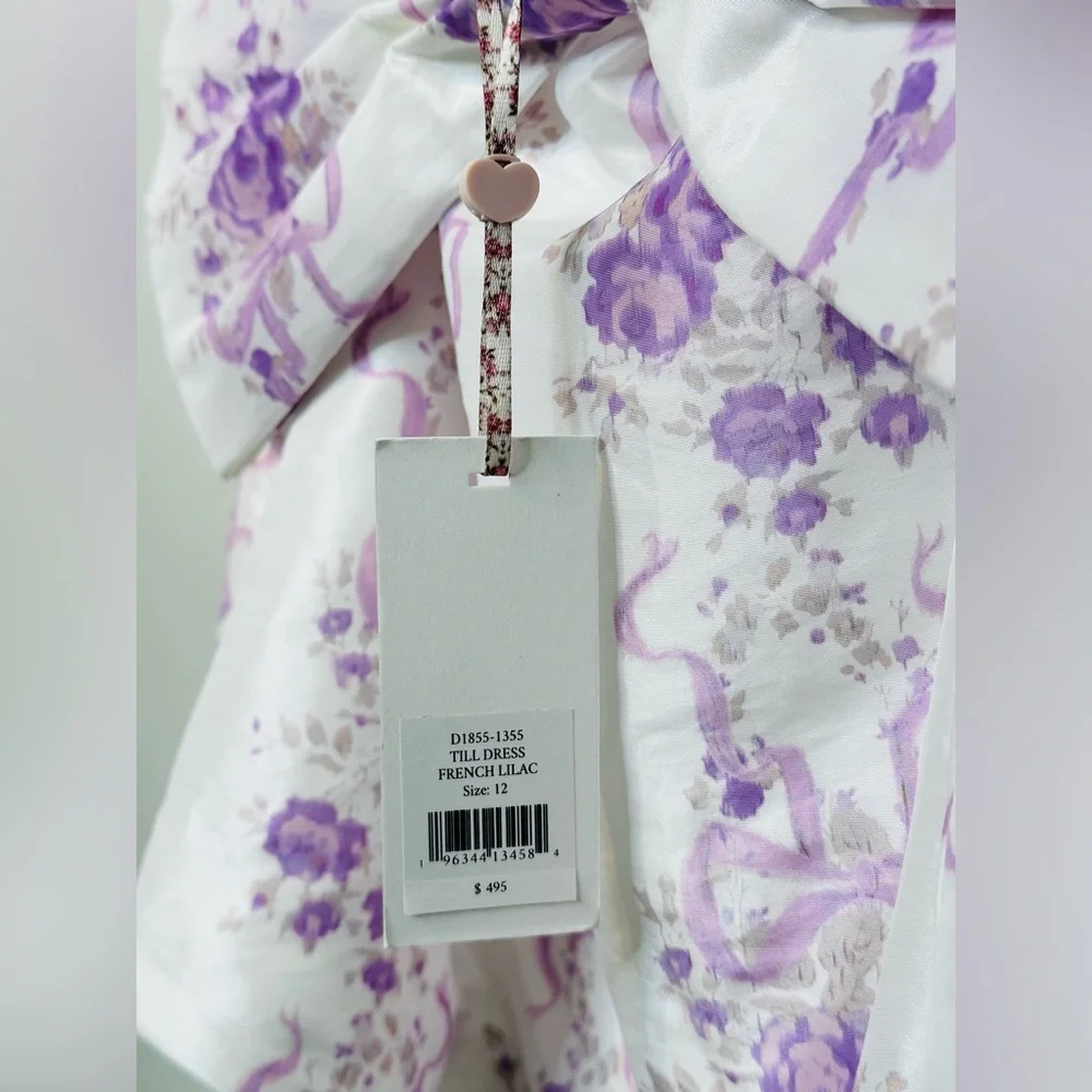 LoveShackFancy Till French Lilac White Sateen Bow Back Dress Size 12 NWT - Picture 13 of 16